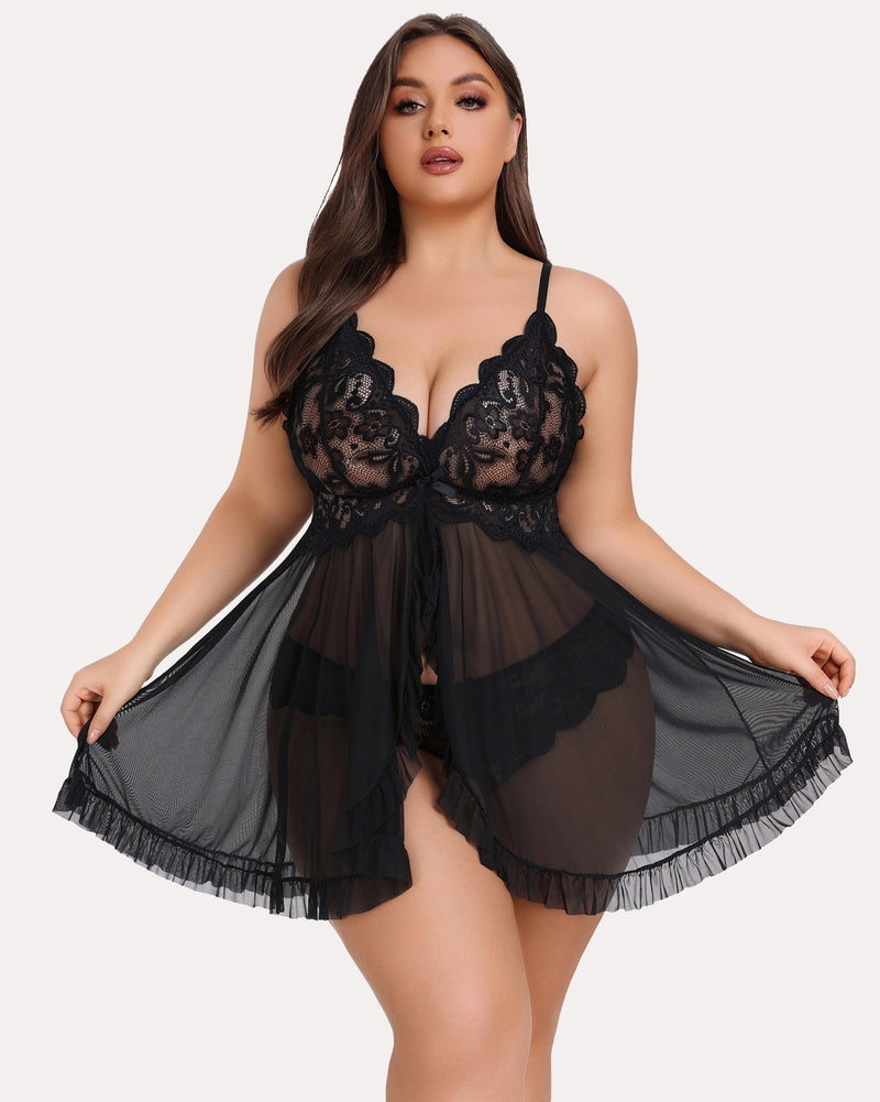 Plus Size Black Lace Babydoll Lingerie Set - Elegant and Sexy