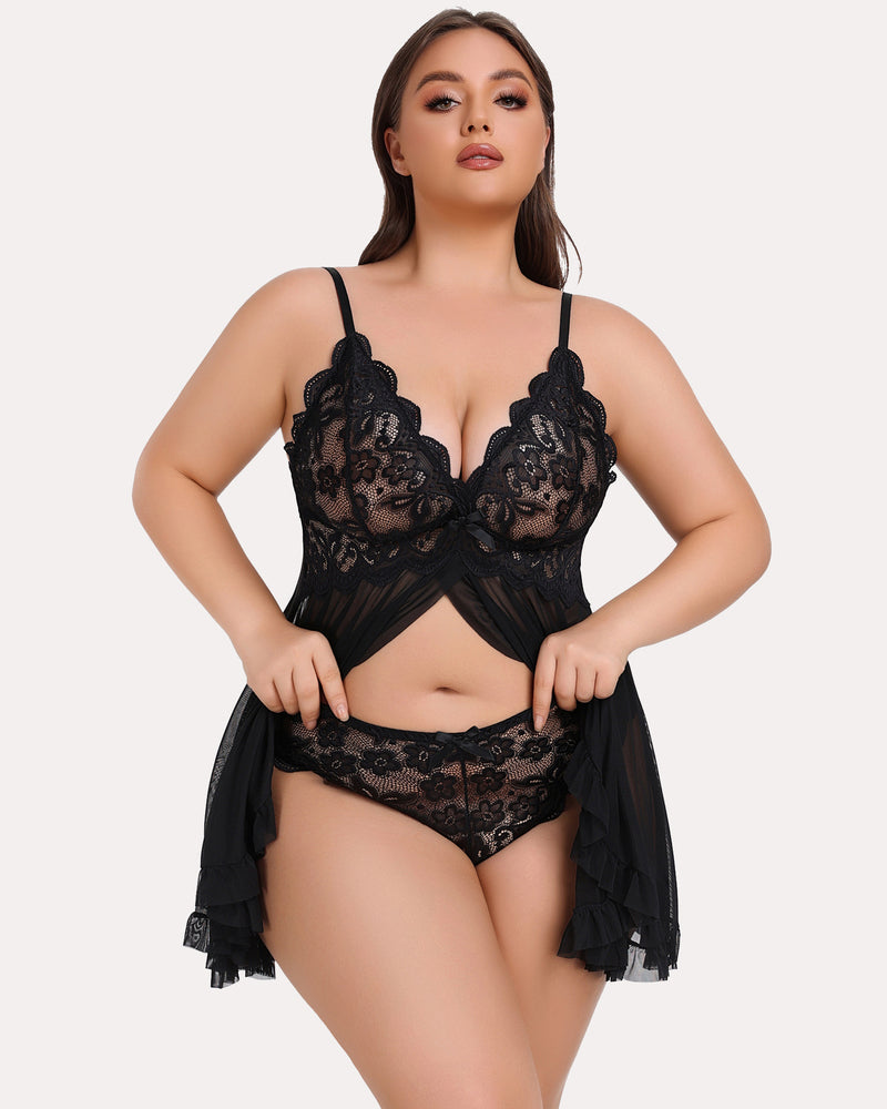 Plus size black lace babydoll lingerie set featuring deep V-neck and adjustable straps