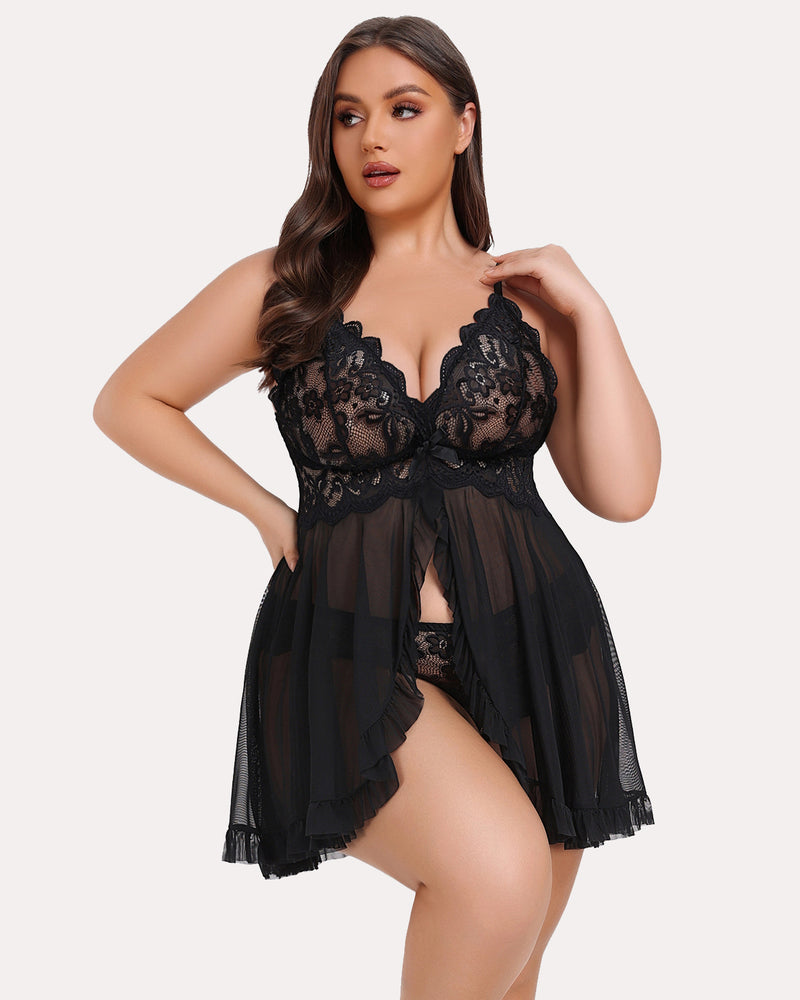 Plus Size Black Lace Babydoll - Open Front Design, Elegant and Sexy Lingerie