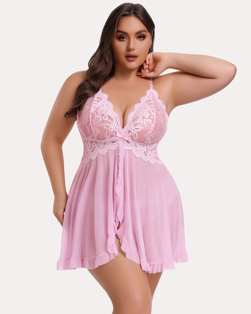 Plus Size Pink Lace Open Front Babydoll Lingerie Set with Adjustable Straps