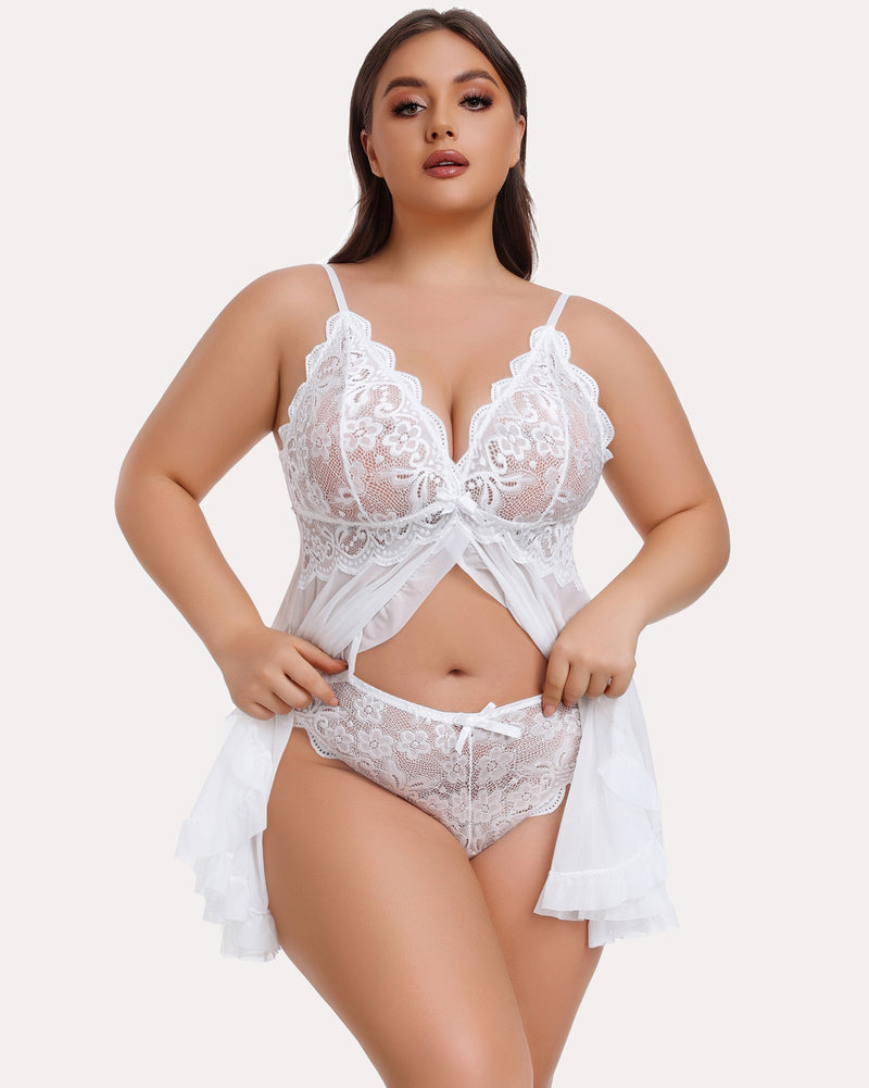 Plus size white lace babydoll set open front deep V-neck adjustable straps sexy lingerie.