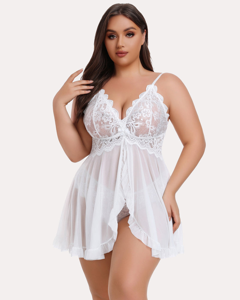 Plus Size White Lace Open Front Babydoll Lingerie Set