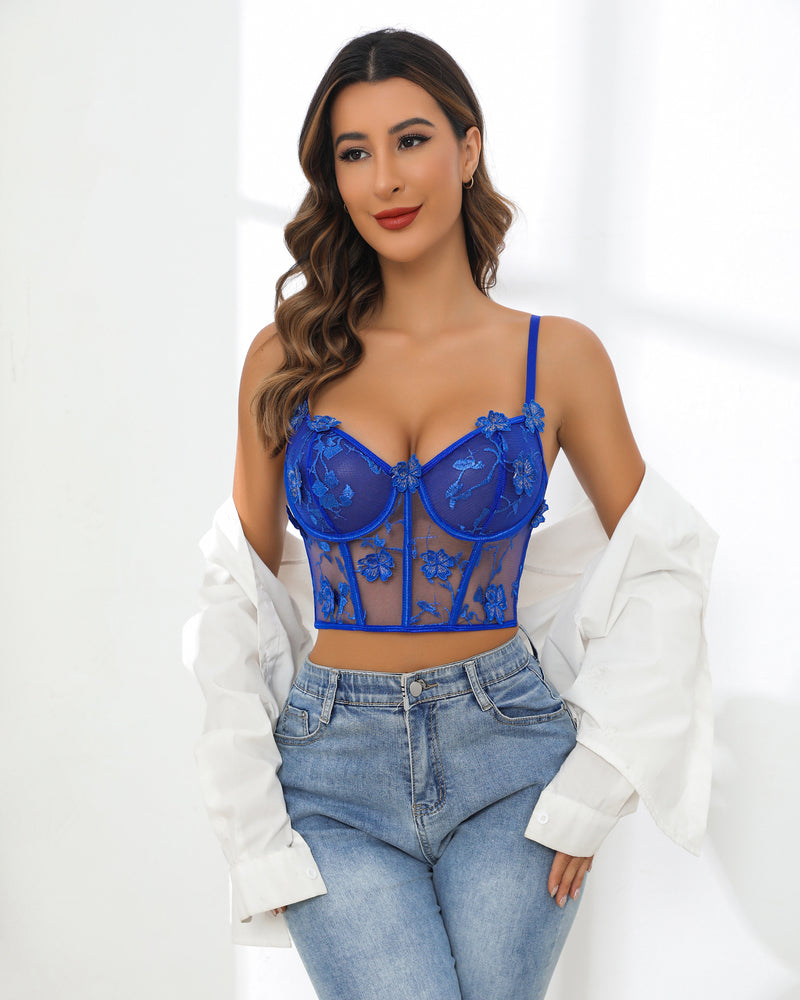 Blue lace bustier with floral embroidery; a sexy lingerie set for ultimate confidence.