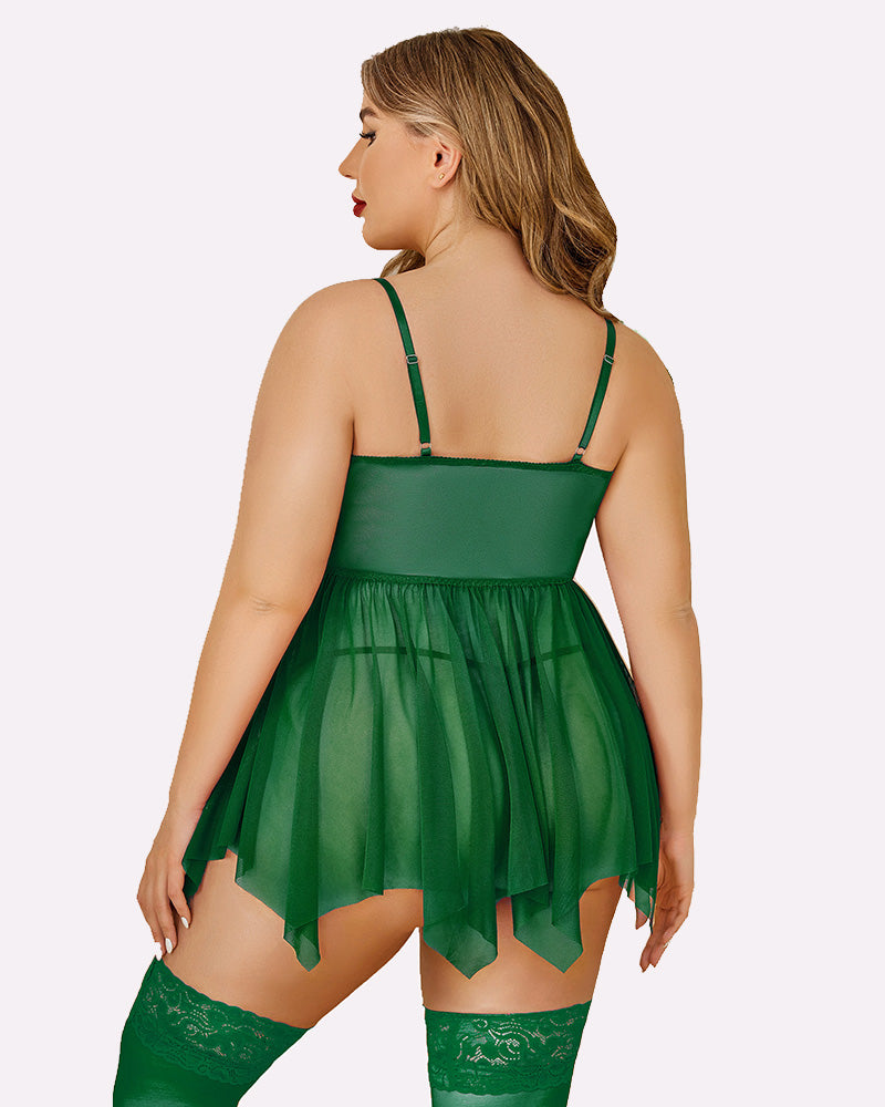 Plus Size Green Mesh Lace Babydoll Lingerie with Adjustable Straps and Stockings