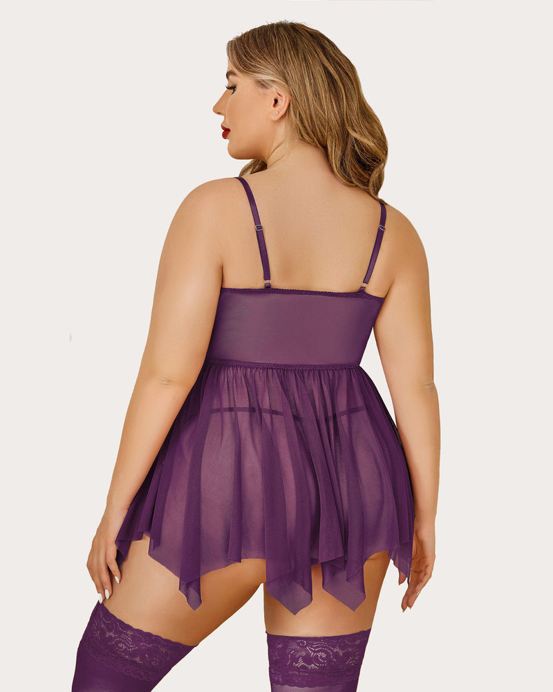 Plus size purple mesh babydoll lingerie with adjustable straps and stockings