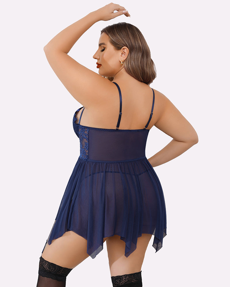 Plus Size Navy Blue Mesh Lace Babydoll Lingerie with Adjustable Straps and Stockings