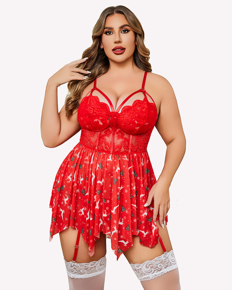 Plus Size Red Mesh Lace Babydoll Lingerie Set with Christmas Pattern