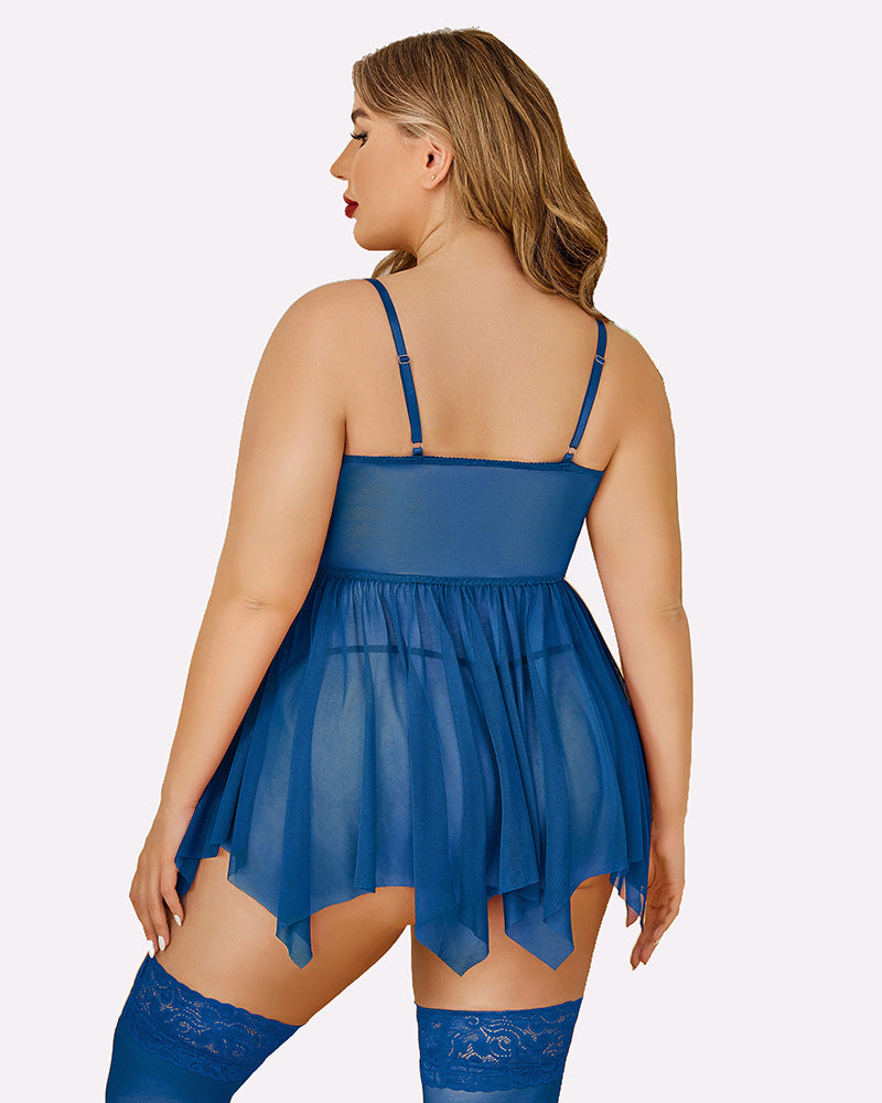 Plus size navy mesh babydoll lingerie with adjustable straps and lace stockings.