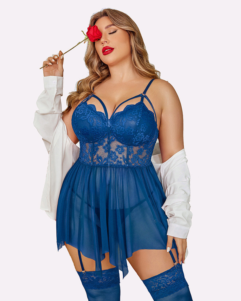 Plus Size Blue Mesh Lace Babydoll Lingerie with Adjustable Straps and Stockings