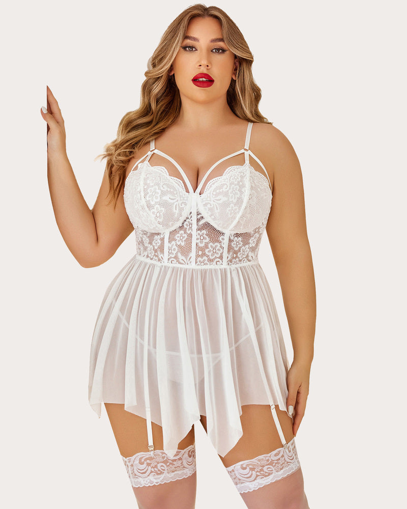 Plus Size White Lace Babydoll Lingerie Set with Adjustable Straps, Stockings, and Garter