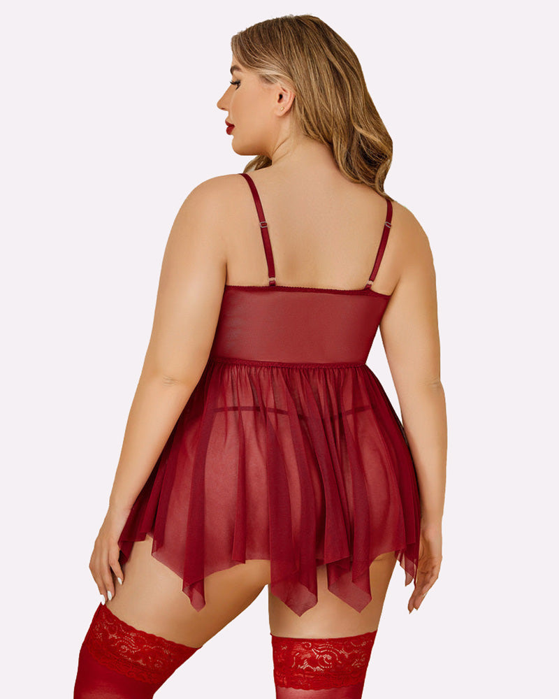 Plus size burgundy mesh babydoll lingerie set with adjustable straps and stockings