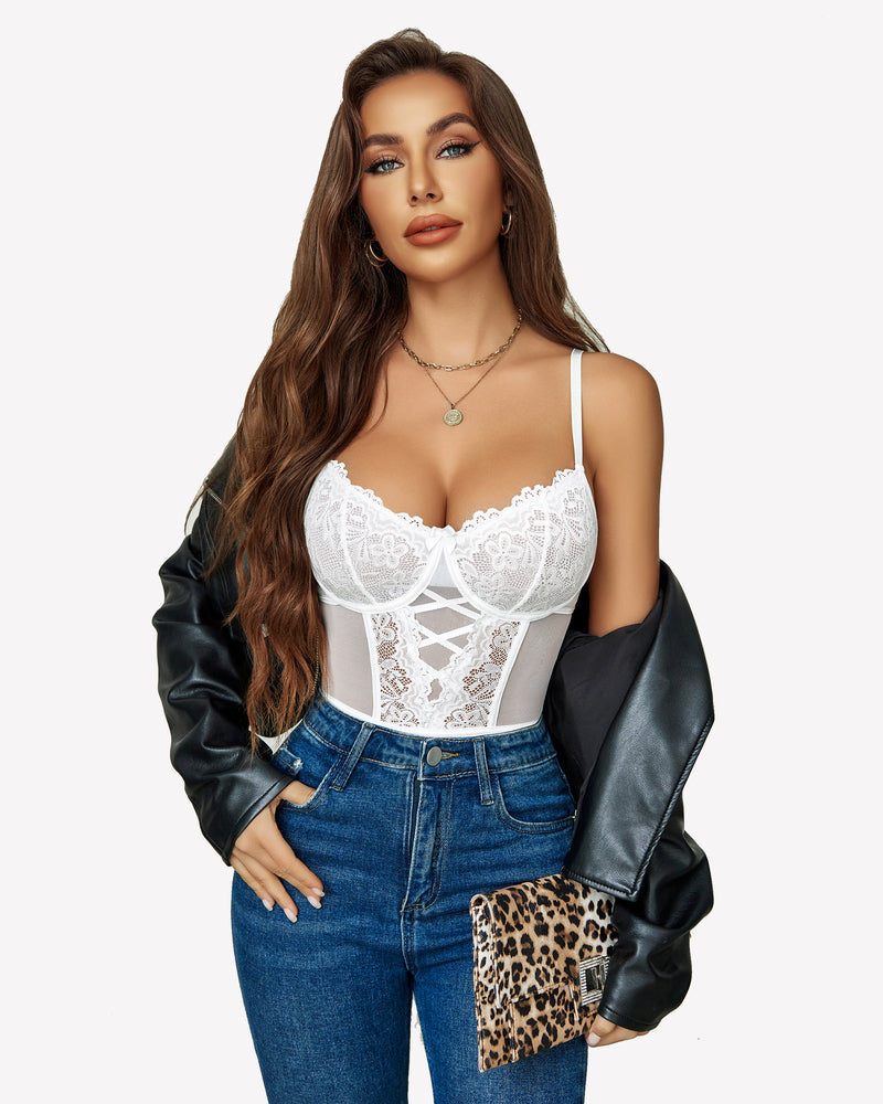 White floral lace corset bodysuit with jeans and leather jacket. Sexy lingerie for women.