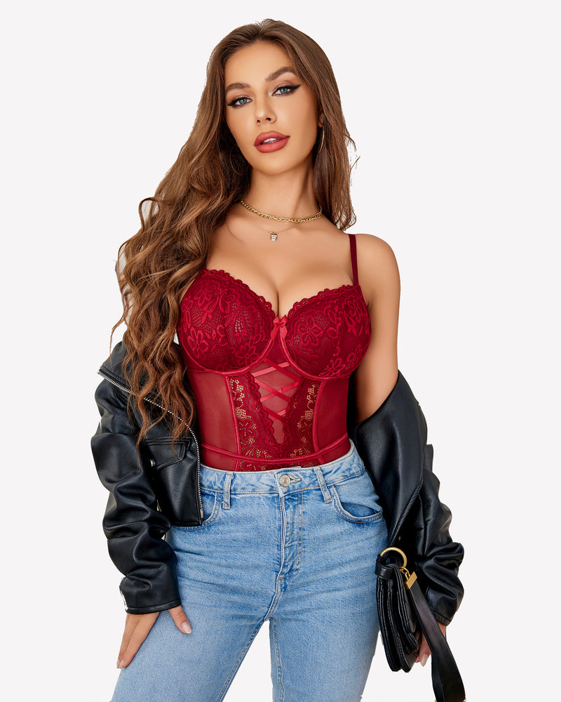 Red floral lace corset and panty set with garter straps. Sheer design lingerie for women.