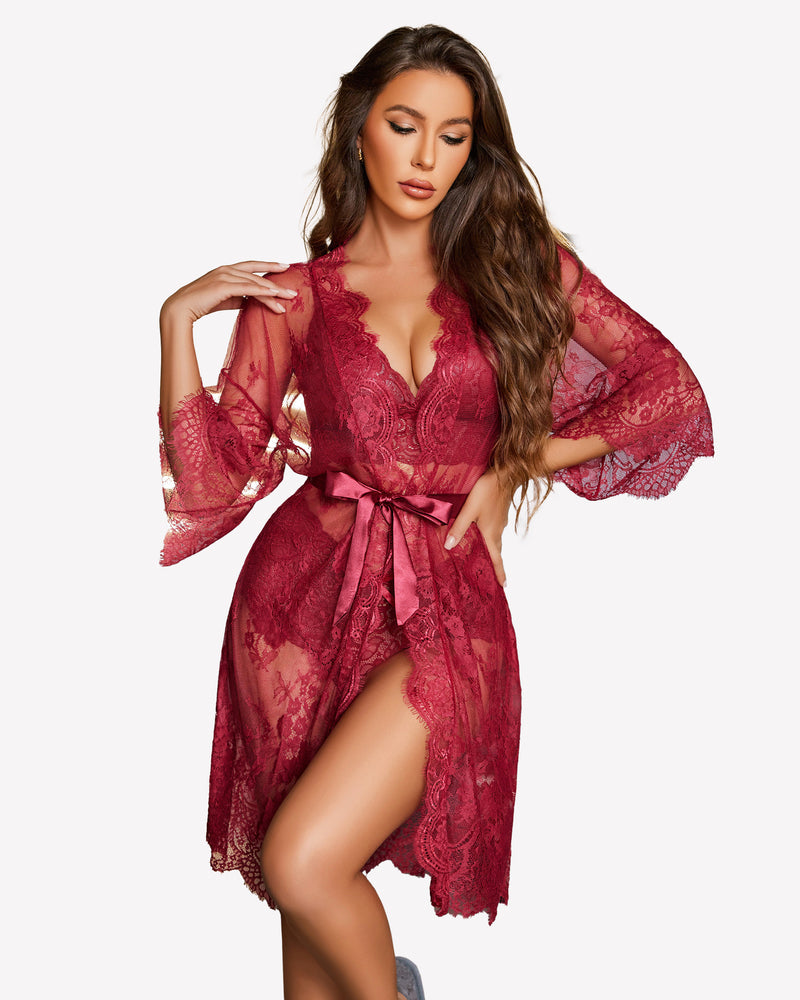 Red floral lace lingerie set with robe. Sexy Avidlove sleepwear for women, featuring a sheer design.
