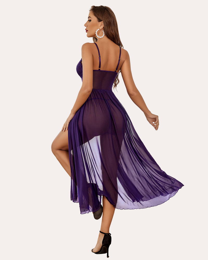 Avidlove purple babydoll nightdress with spaghetti straps, mid-slit front, and flowing skirt