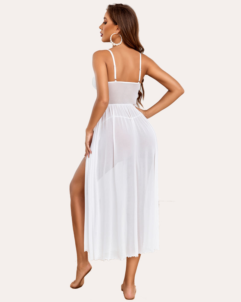 Avidlove white babydoll mesh nightdress with spaghetti straps, mid-slit front