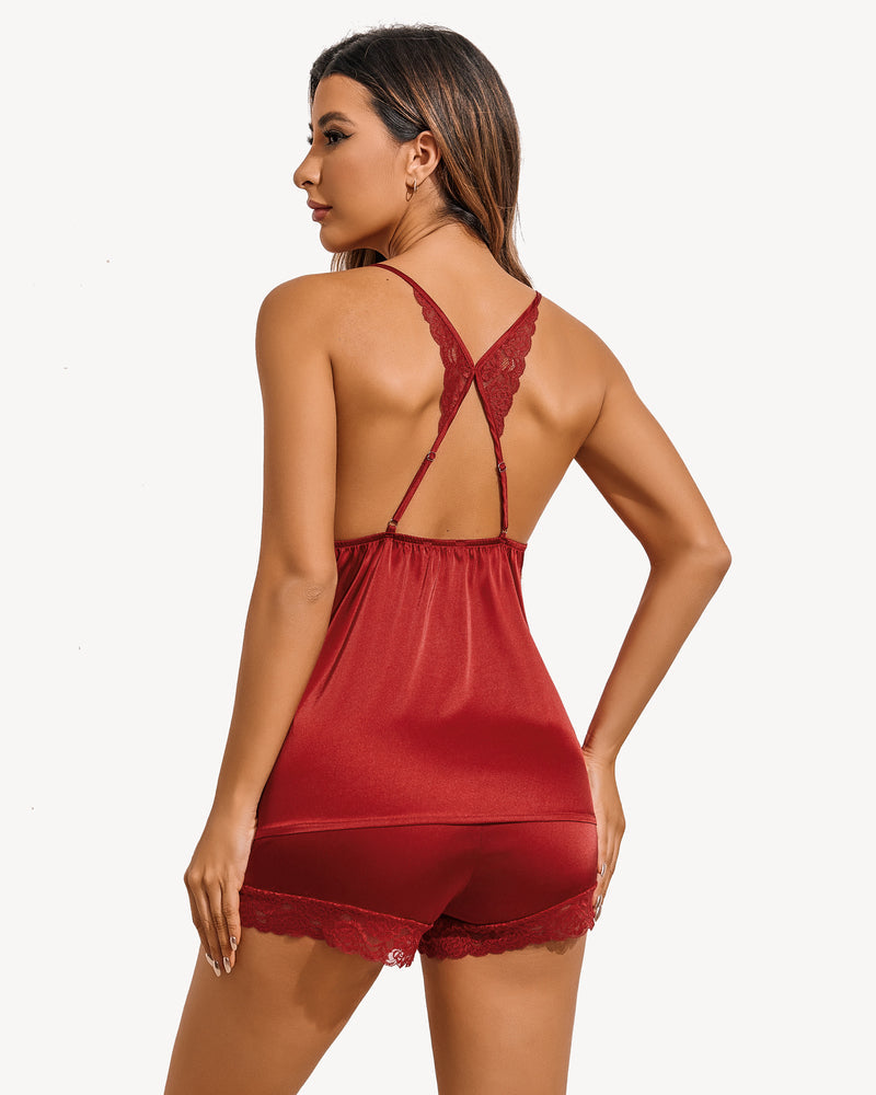 Burgundy satin pajama shorts set with lace trim and backless cami top