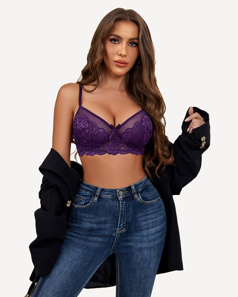 Purple lace bra with floral design, bow detail, women's sexy lingerie, Avidlove