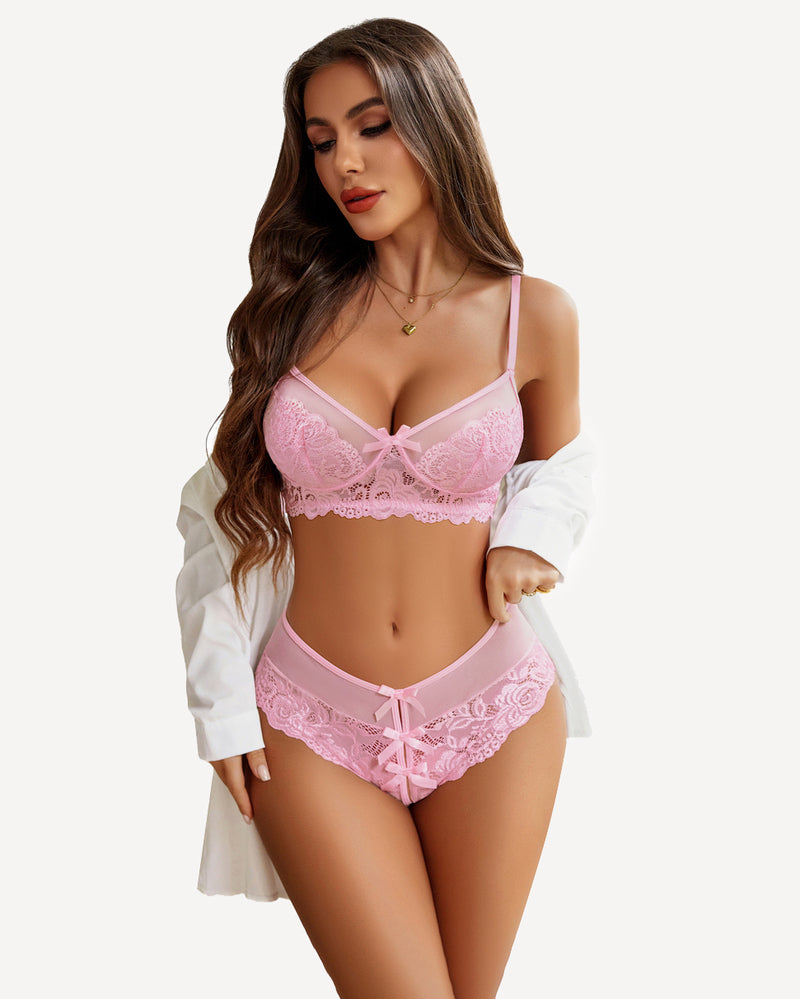 Pink floral lace bra and panty set with bow details, women's sexy lingerie.