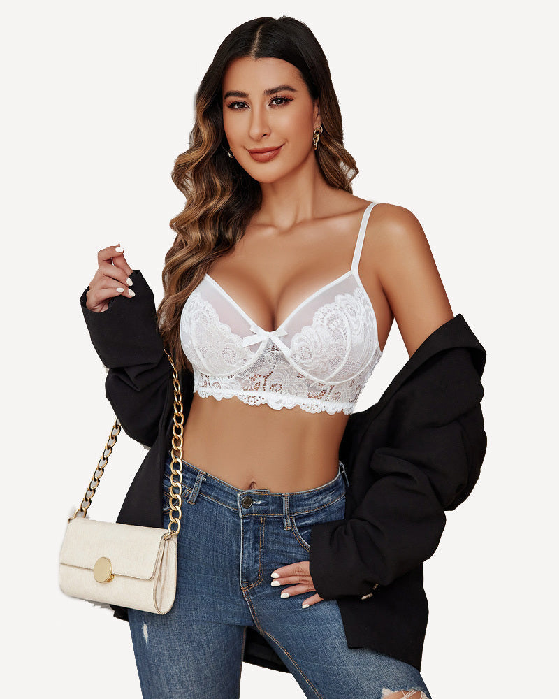 Avidlove white floral lace bra with bow detail, women's sexy lingerie outfit