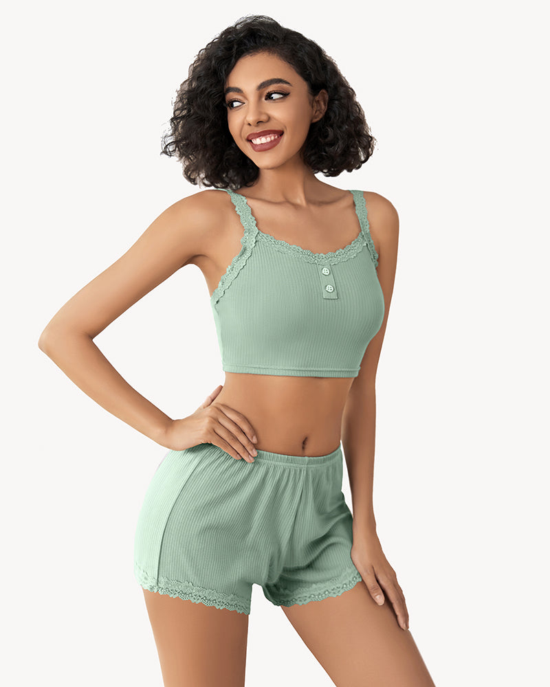 Mint green ribbed lace trim pajama set: Cami top and shorts, comfortable sleepwear.