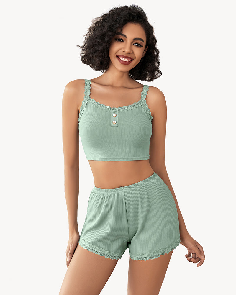 Mint green ribbed lace trim pajama set; cami top and shorts, comfortable sleepwear