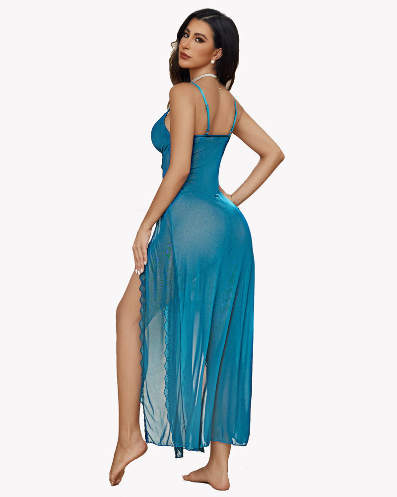 Teal side split nightdress, sexy lingerie with adjustable spaghetti straps, perfect feminine design.