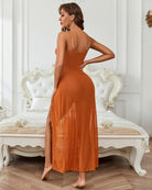 Floral lace mesh side-split nightgown in rust orange, open-back V-neck