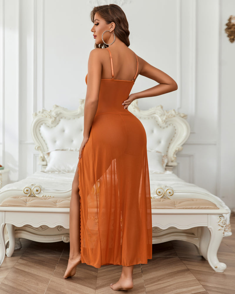 Floral lace mesh side-split nightgown in rust orange, open-back V-neck