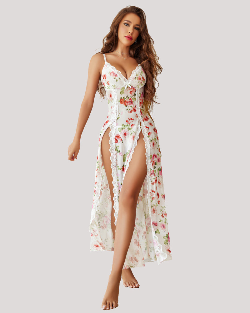 White floral lace babydoll nightdress with side splits and spaghetti straps. Sexy feminine lingerie.