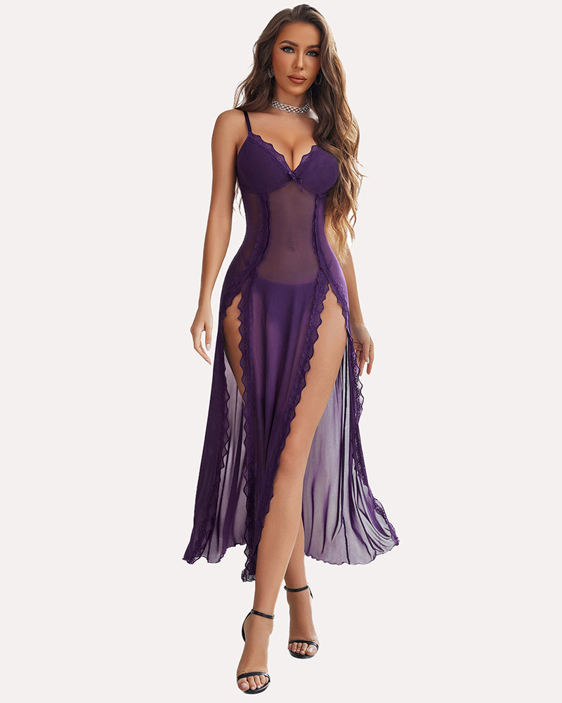 Purple lace mesh side split nightgown with floral lace and adjustable straps. Sexy Avidlove lingerie