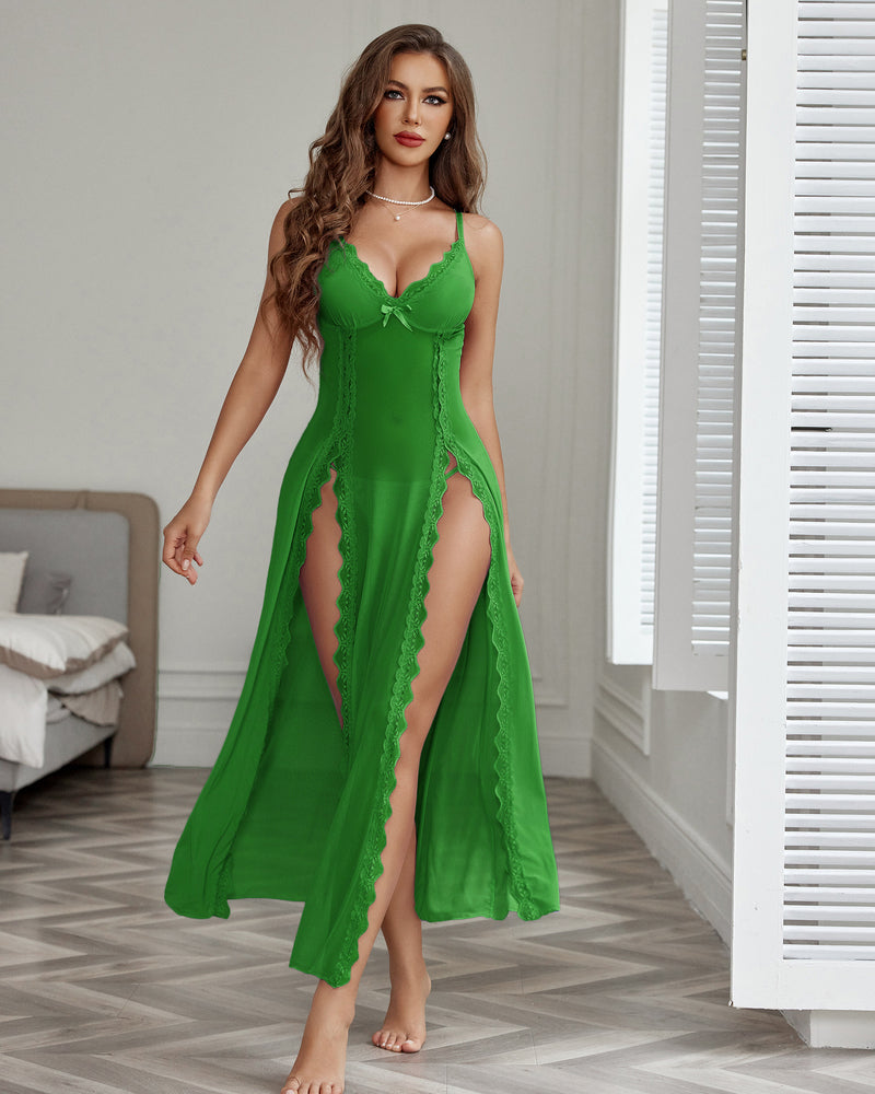 Lace mesh nightgown, vivid green with scalloped lace trim and side slit
