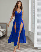 Lace mesh nightgown, bright blue with scalloped lace trim and side slit