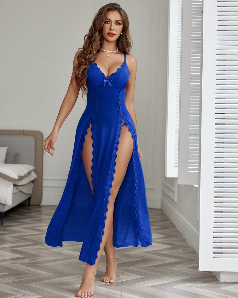 Lace mesh nightgown, bright blue with scalloped lace trim and side slit