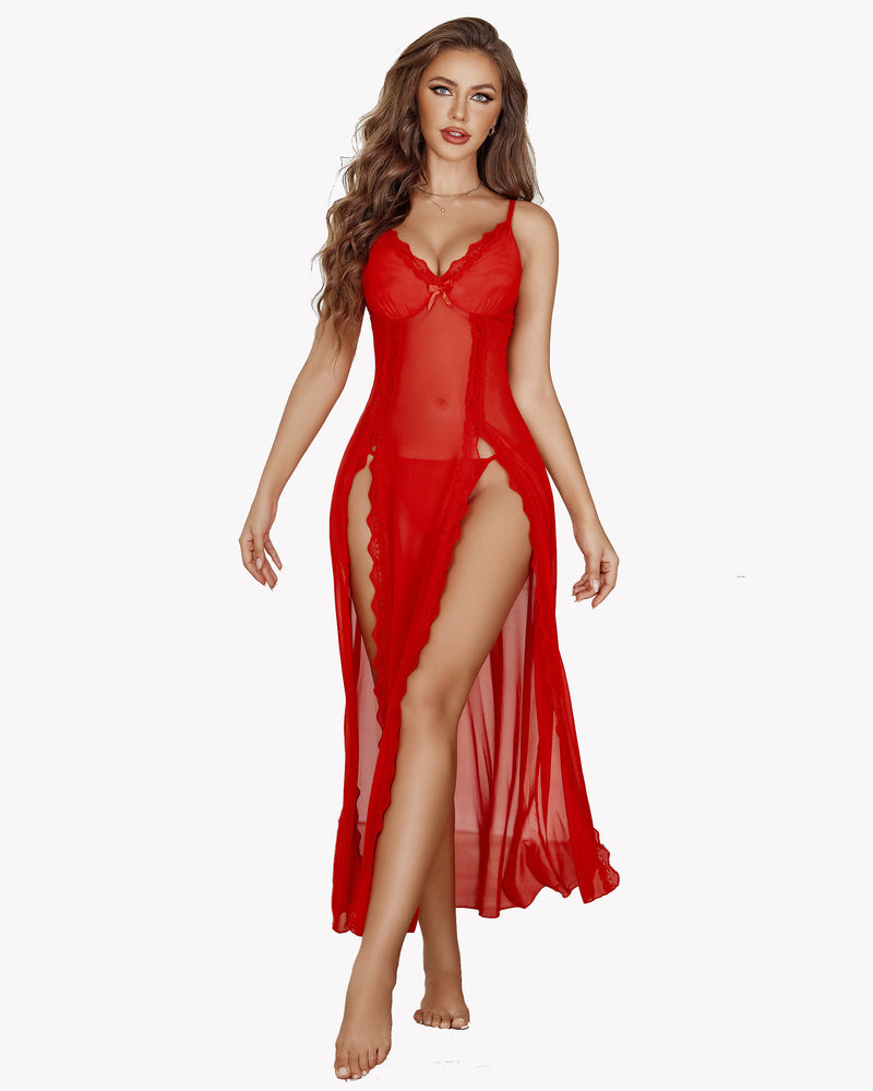 Red lace mesh side split nightgown with adjustable straps. Sexy Avidlove lingerie.