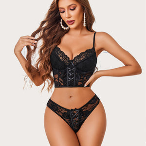 Black lace lingerie set, bra and panty, featuring underwire and corset design by Avidlove.