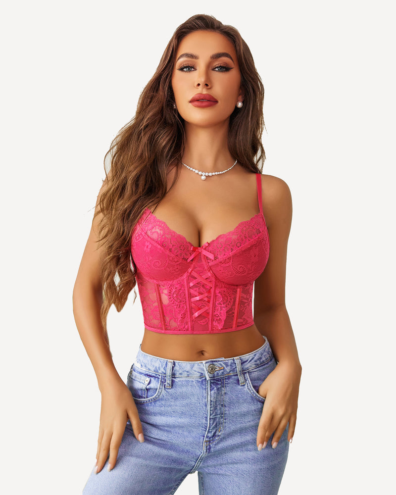 Hot pink lace corset bra with push-up design, perfect for nightwear. Sexy lingerie set for women.