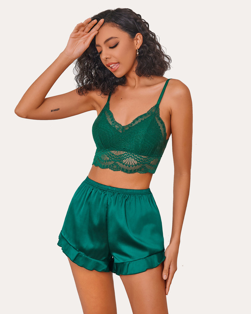 Green lace bralette & silk shorts pajama set. Sexy, elegant sleepwear featuring lace detail.