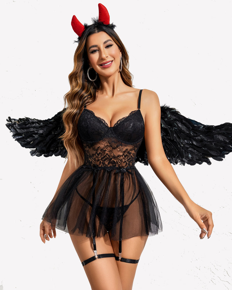 Black lace underwire babydoll lingerie set with devil horns and wings. Bridal style.