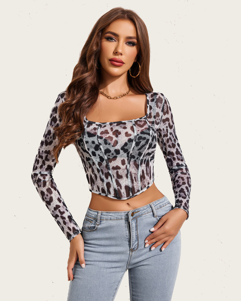 Leopard print mesh crop top with square neck; Avidlove sheer shirt for women