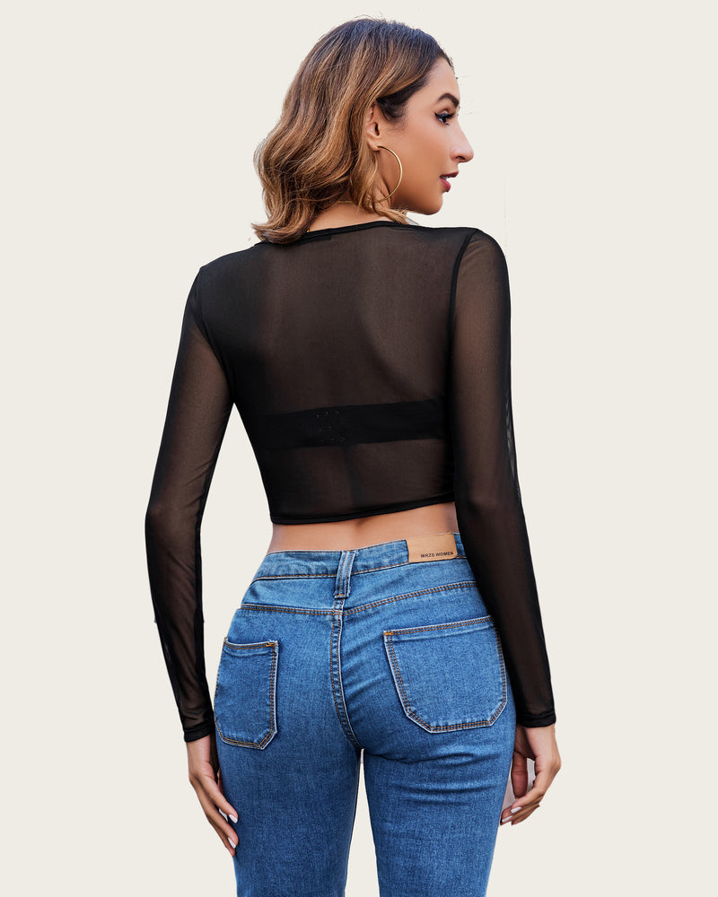 Avidlove black mesh crop top, square neck, styled with jeans, women's fashion