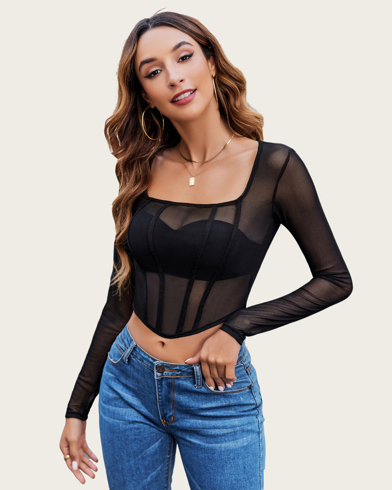 Black mesh crop top, square neck, long sleeve, women's fashion by Avidlove