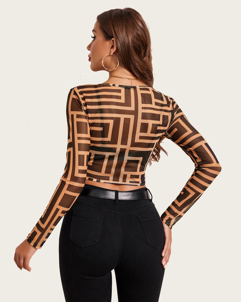 Geometric mesh crop top, square neck, long sleeve, fashion by Avidlove, sheer shirt for women.