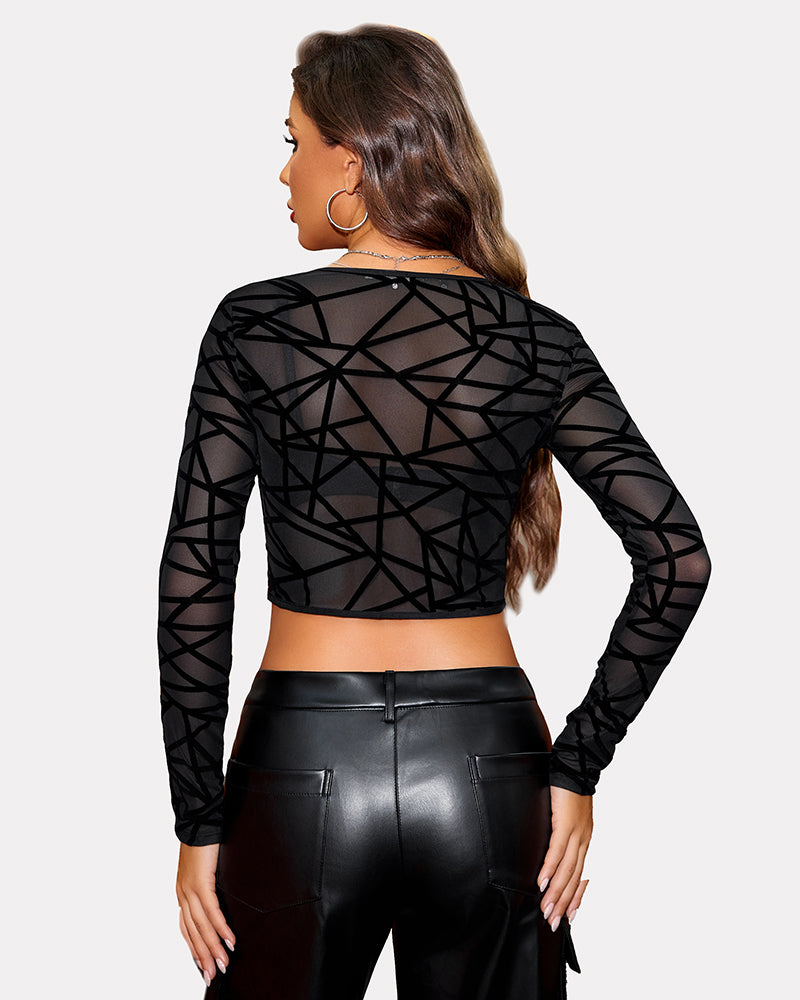 Black geometric mesh crop top, sheer shirt by Avidlove, styled with leather pants, women's fashion.