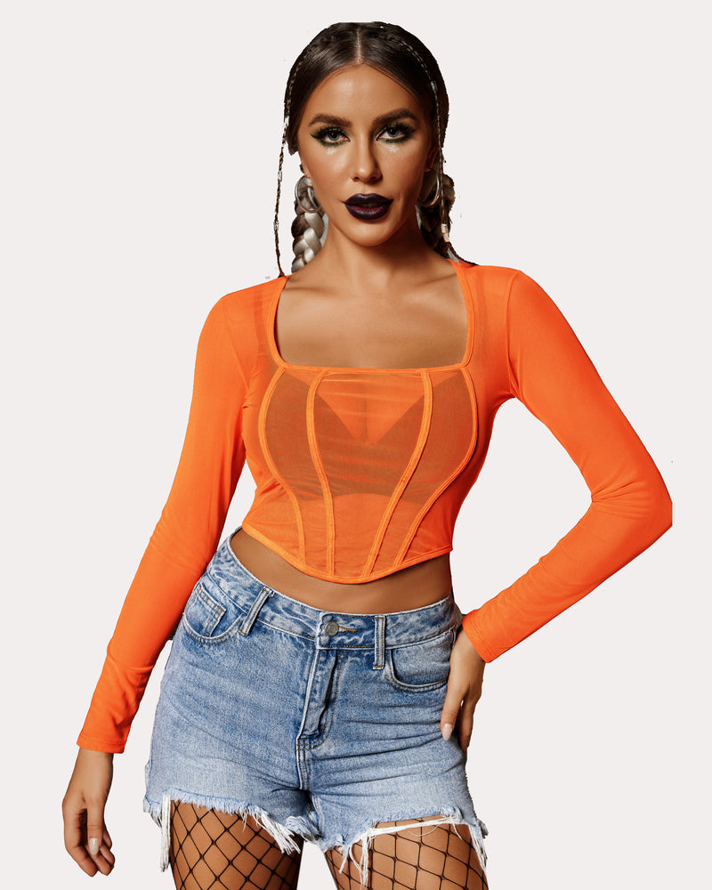Orange mesh crop top with square neck, stylish sheer shirt for women; a sexy outfit