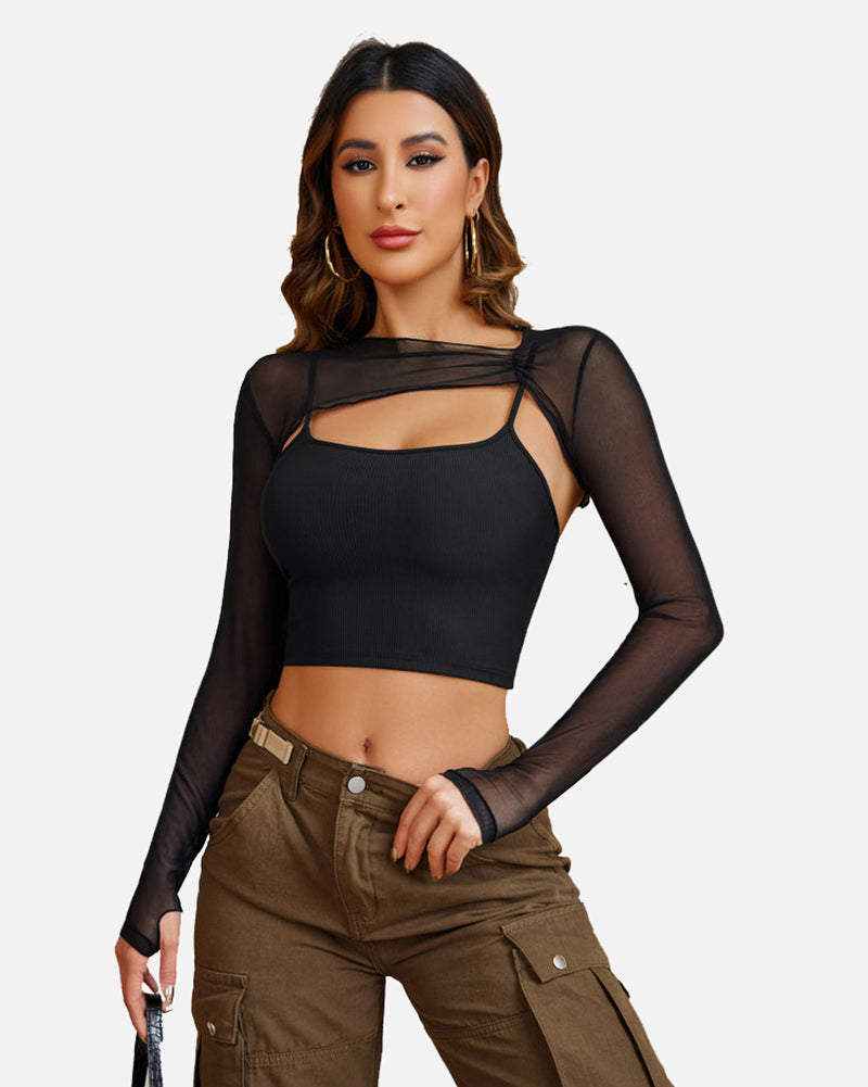 Black mesh crop top and cami top set, lingerie for women. A sexy, fashionable look.