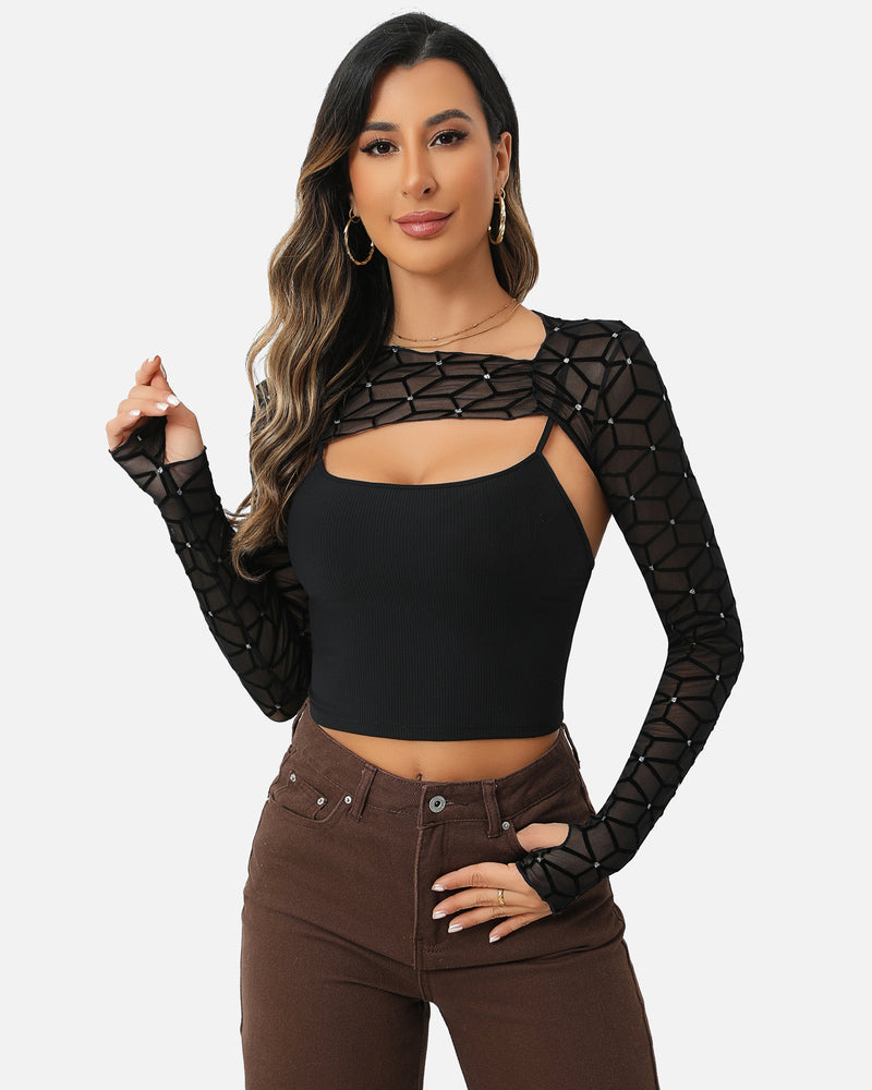 Black mesh crop top with cami top set, perfect for a fashionable and elegant look.