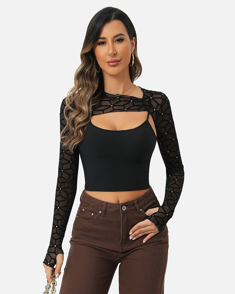 Black mesh crop top and cami top set for women, fashionable and sexy lingerie.