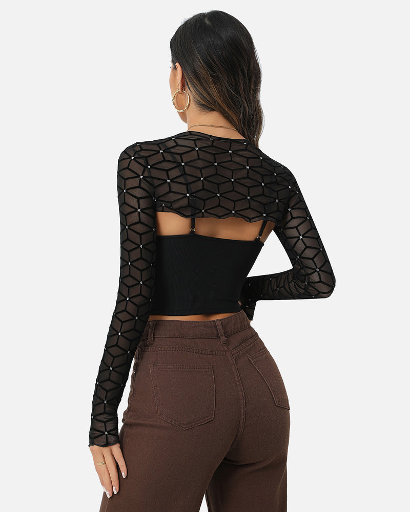 Black mesh crop top and cami set for women. Elegant and fashionable, offering a sheer, stylish look.
