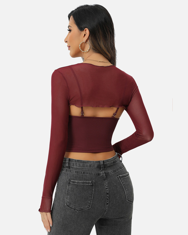 Burgundy mesh crop top and cami set for women, stylish long-sleeved lingerie with adjustable straps.